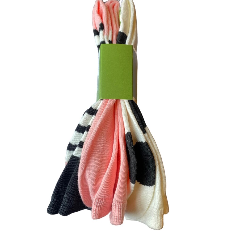 Kate Spade Polka Dot Stripes Pink White Black Crew Socks 3 Pairs New - Picture 6 of 6